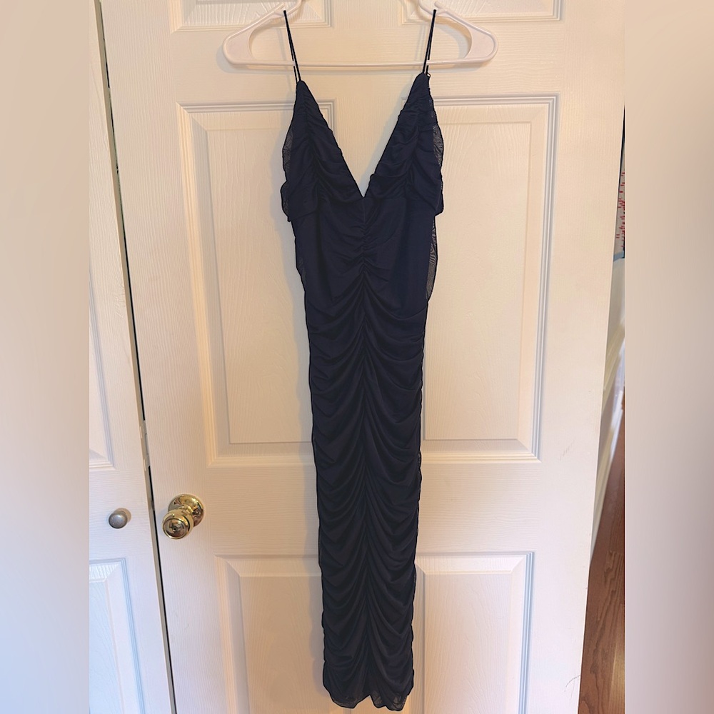 Navy Mesh Ruched Dress